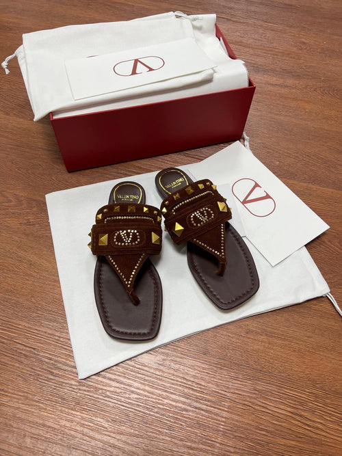 Valentino Women Brown Suede Studded Flats