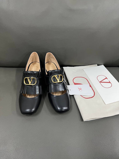 Valentino Women Black Leather Fringe Loafers