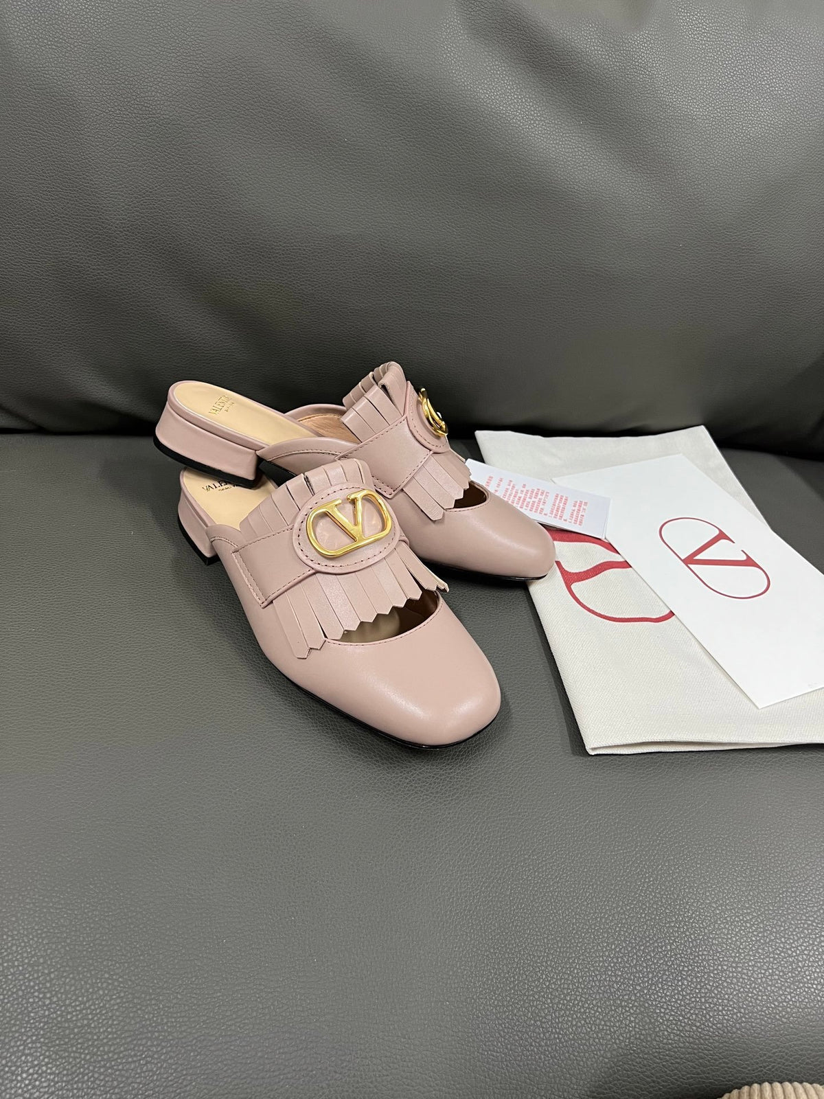 Valentino Women Pink Leather Fringe Mules