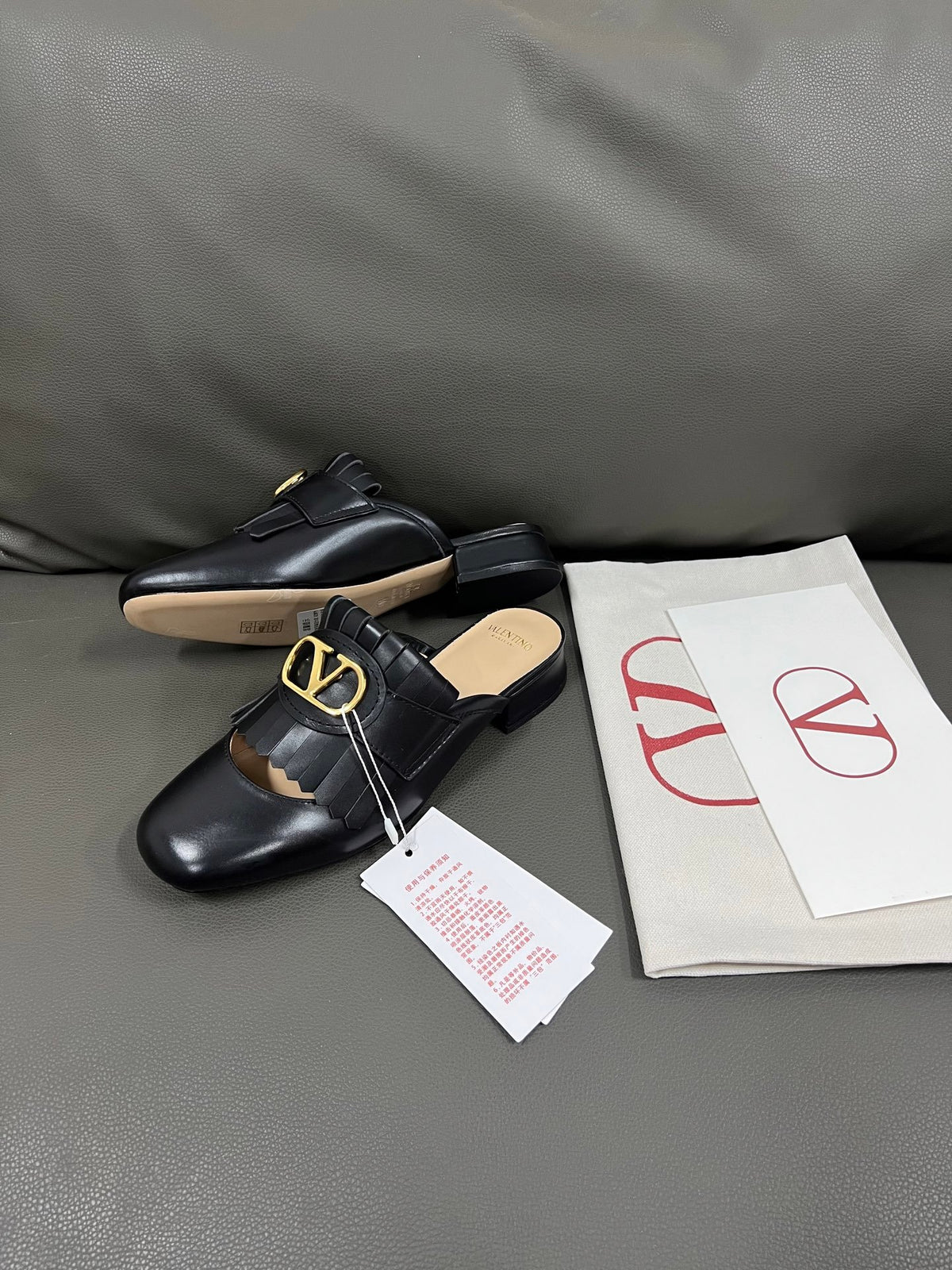 Valentino Women Black Leather Fringe Mules