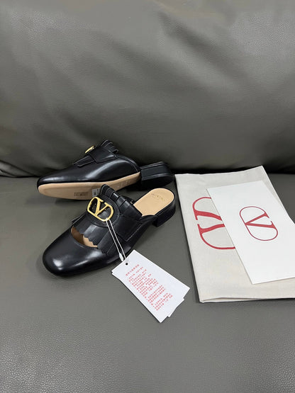 Valentino Women Black Leather Fringe Mules