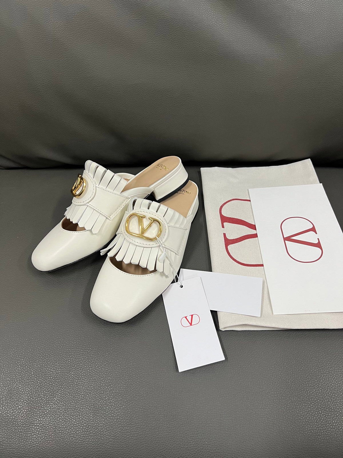 Valentino Women White Leather Fringe Mules