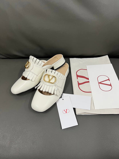 Valentino Women White Leather Fringe Mules