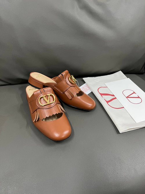 Valentino Women Brown Leather Fringe Mules