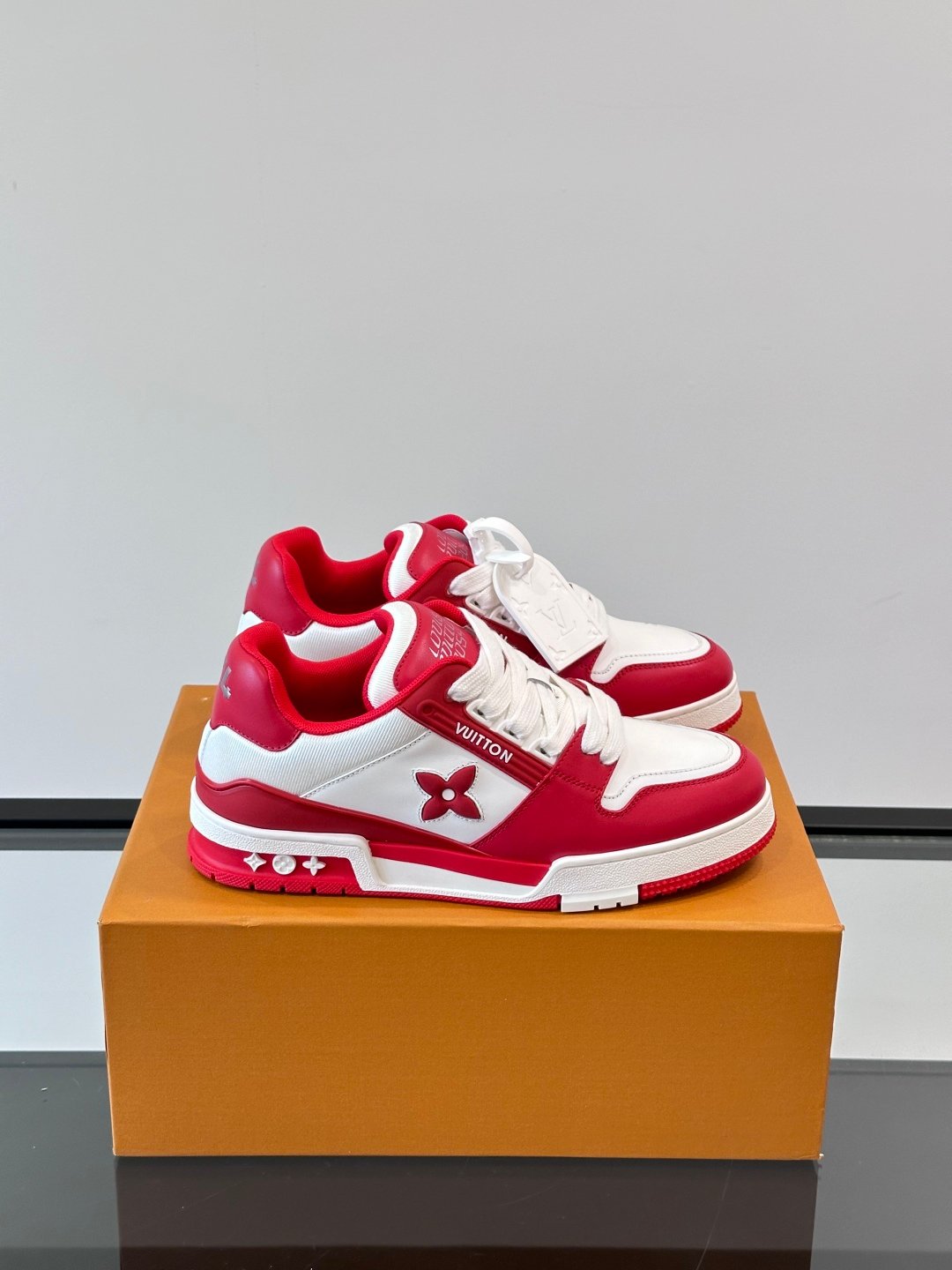 LV Men Red White Leather Sneakers