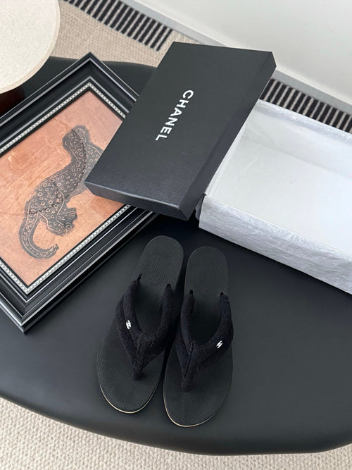 Chanel Women Black Fabric Strap Flip Flop Sandals