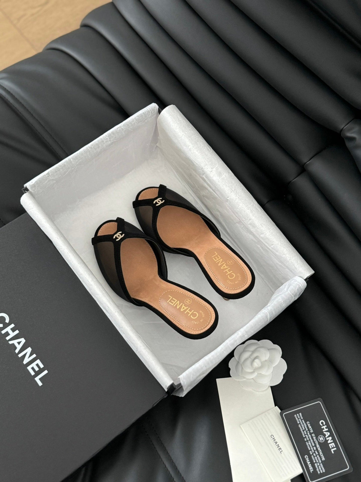 Chanel Women Black Mesh Logo Slide Sandals