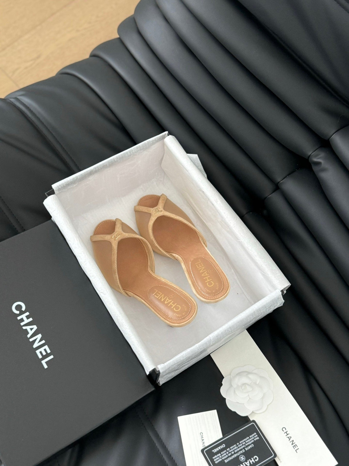 Chanel Women Beige Leather Slides