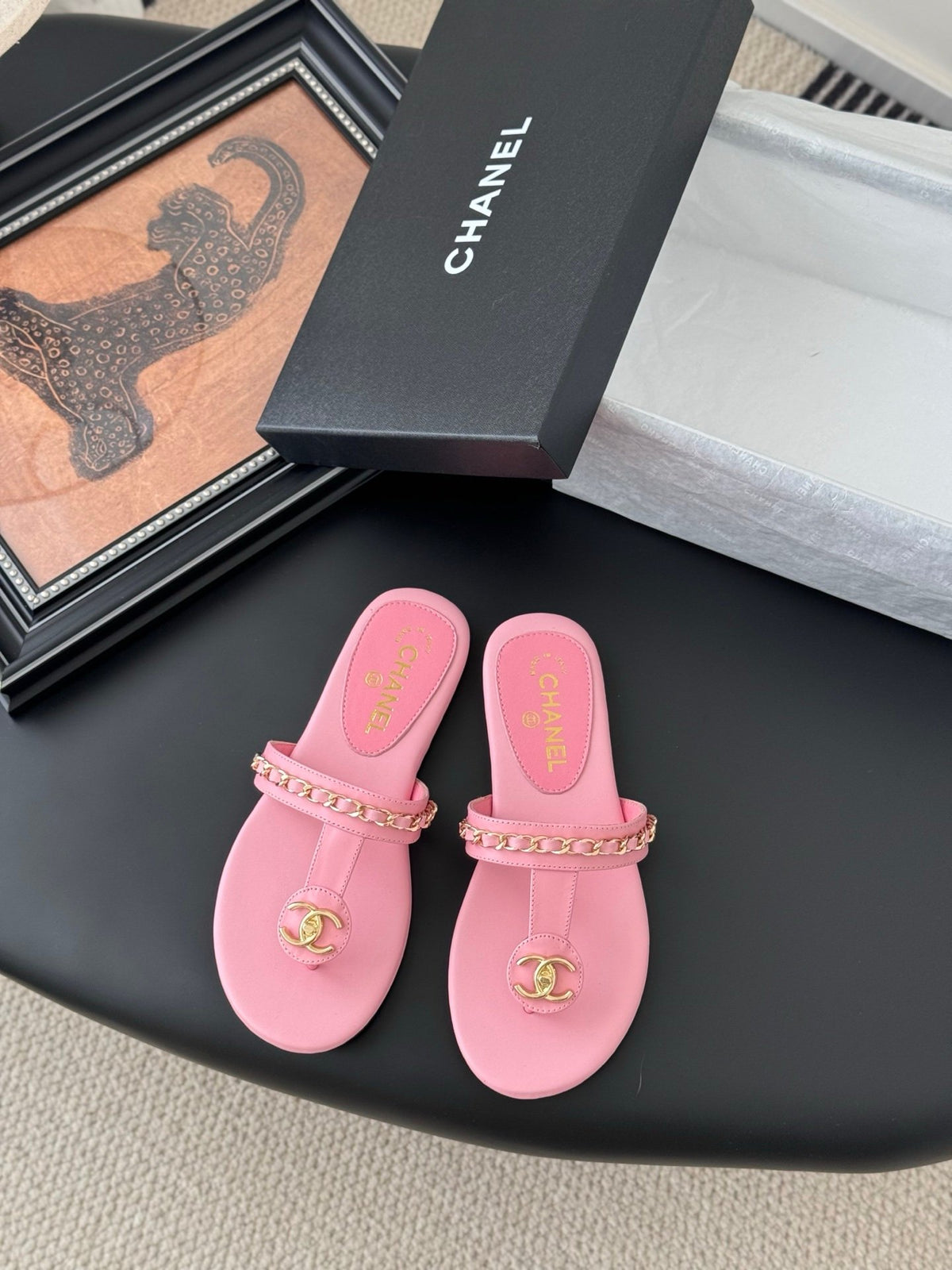 Chanel Women Pink Leather Slides With Gold Chain