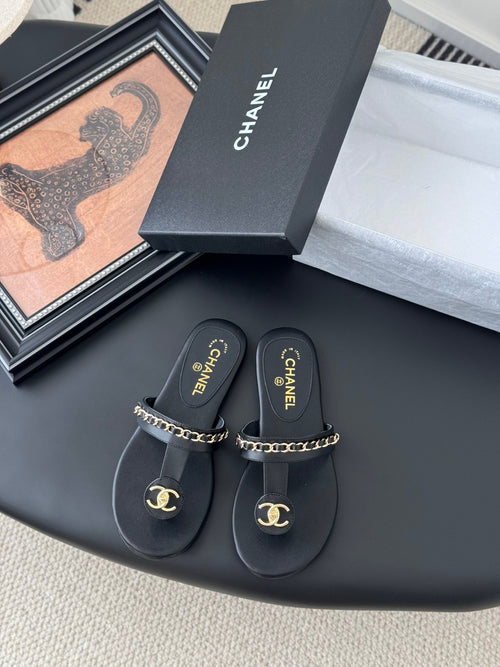 Chanel Women Black Leather Chain Detail Sandals