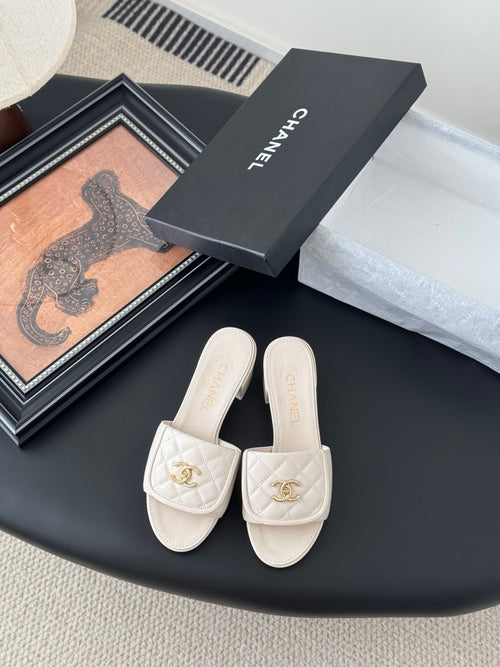 Chanel Women Ivory Quilted Leather Mules