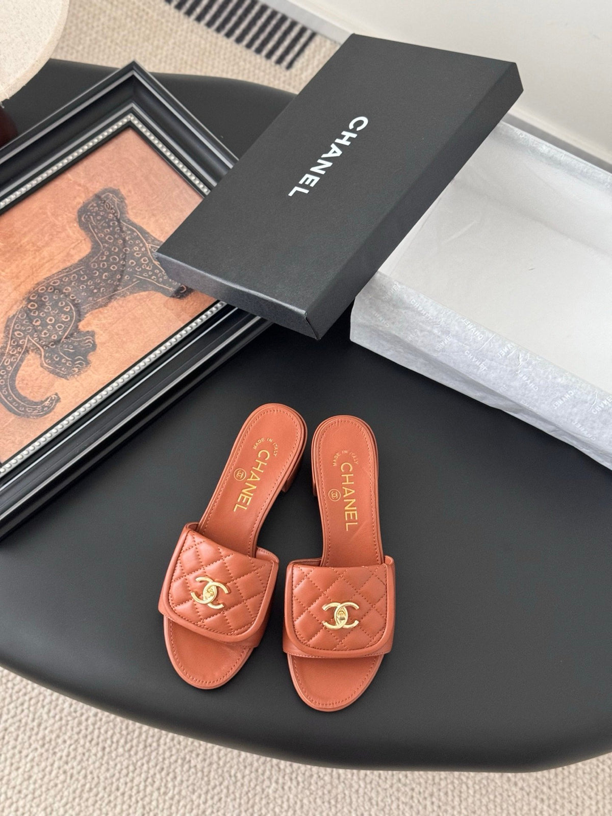 Chanel Women Brown Quilted Leather Slides