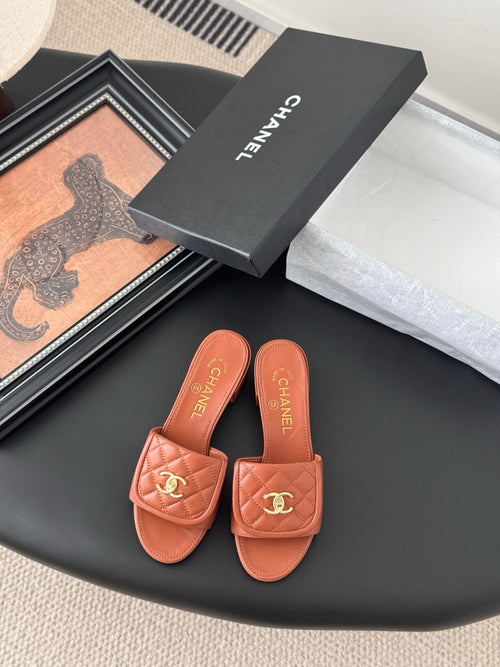 Chanel Women Brown Quilted Leather Slides