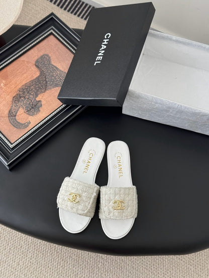 Chanel Women Beige Tweed Slides