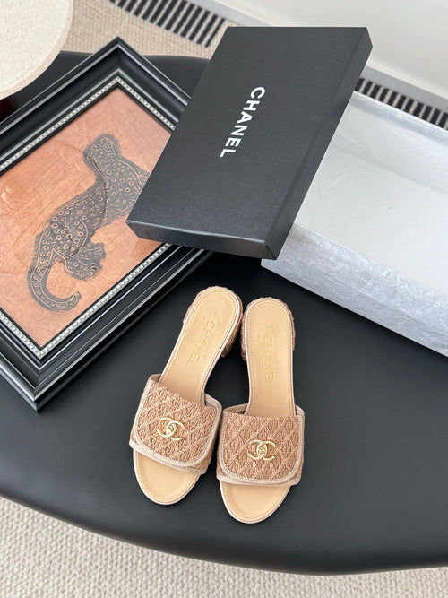Chanel Women Beige Fabric Mules Slides