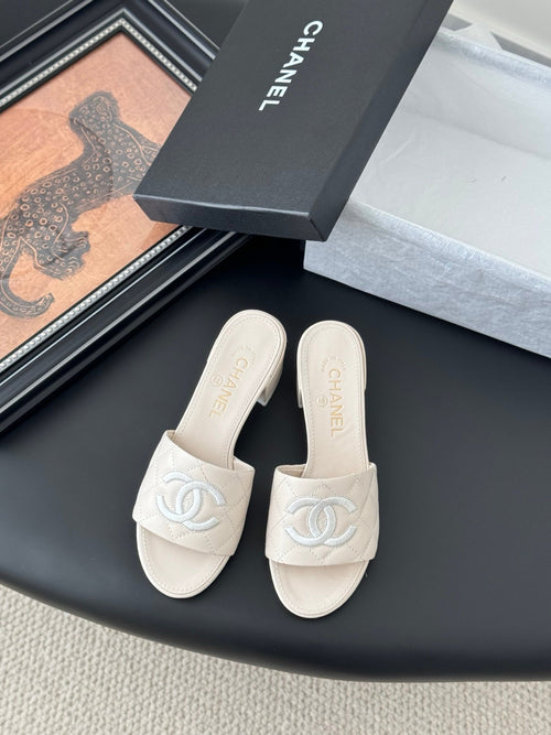 Chanel Women Ivory Quilted Leather Mules