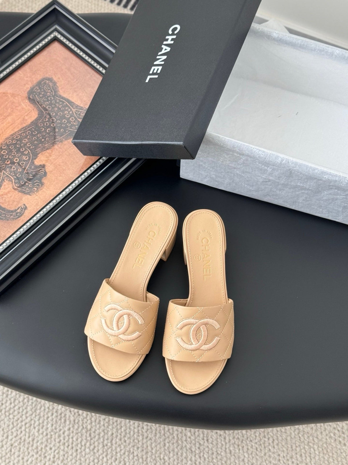 Chanel Women Beige Leather Quilted Slides