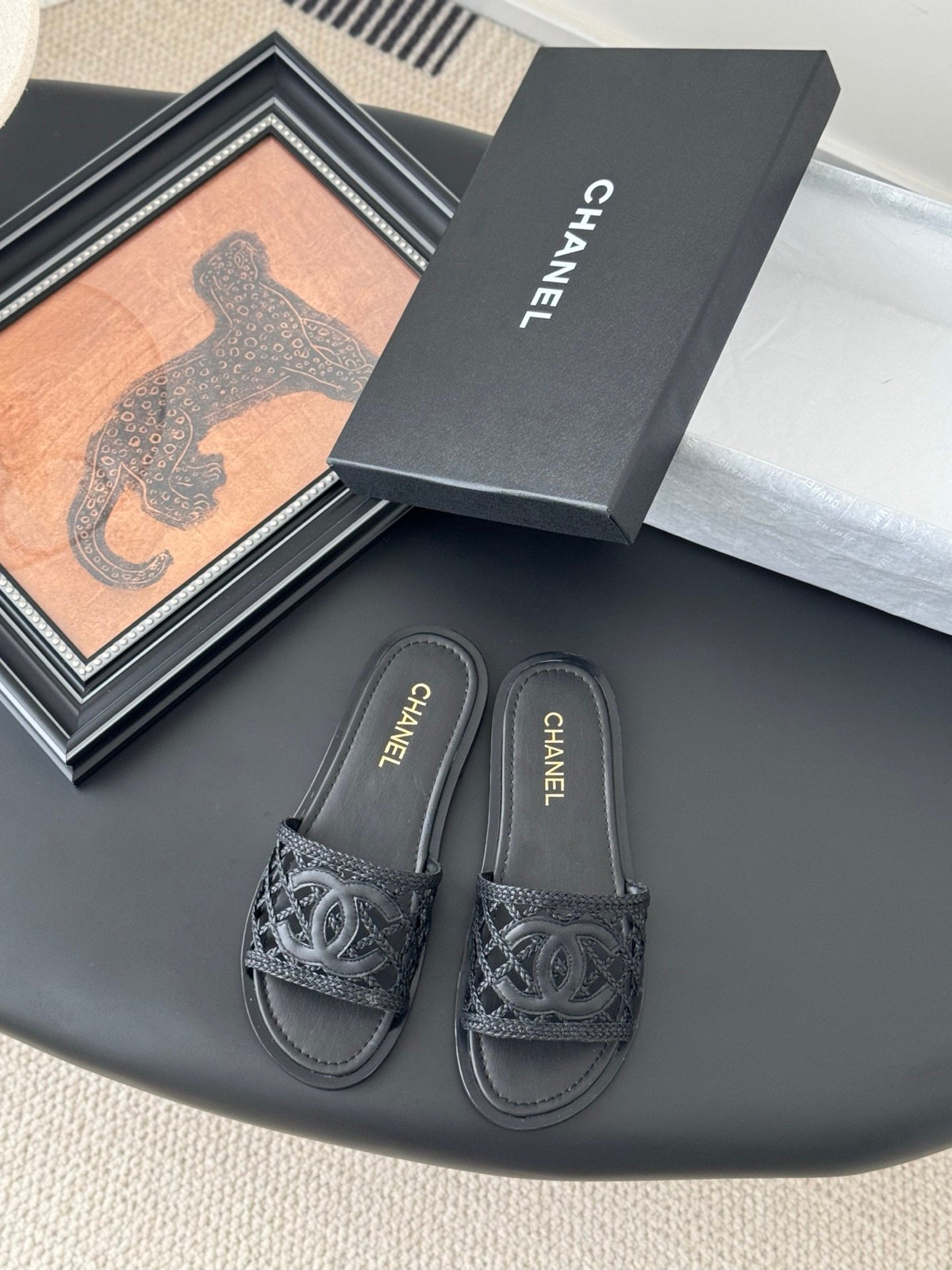Chanel Women Black Leather Logo Slide Sandals