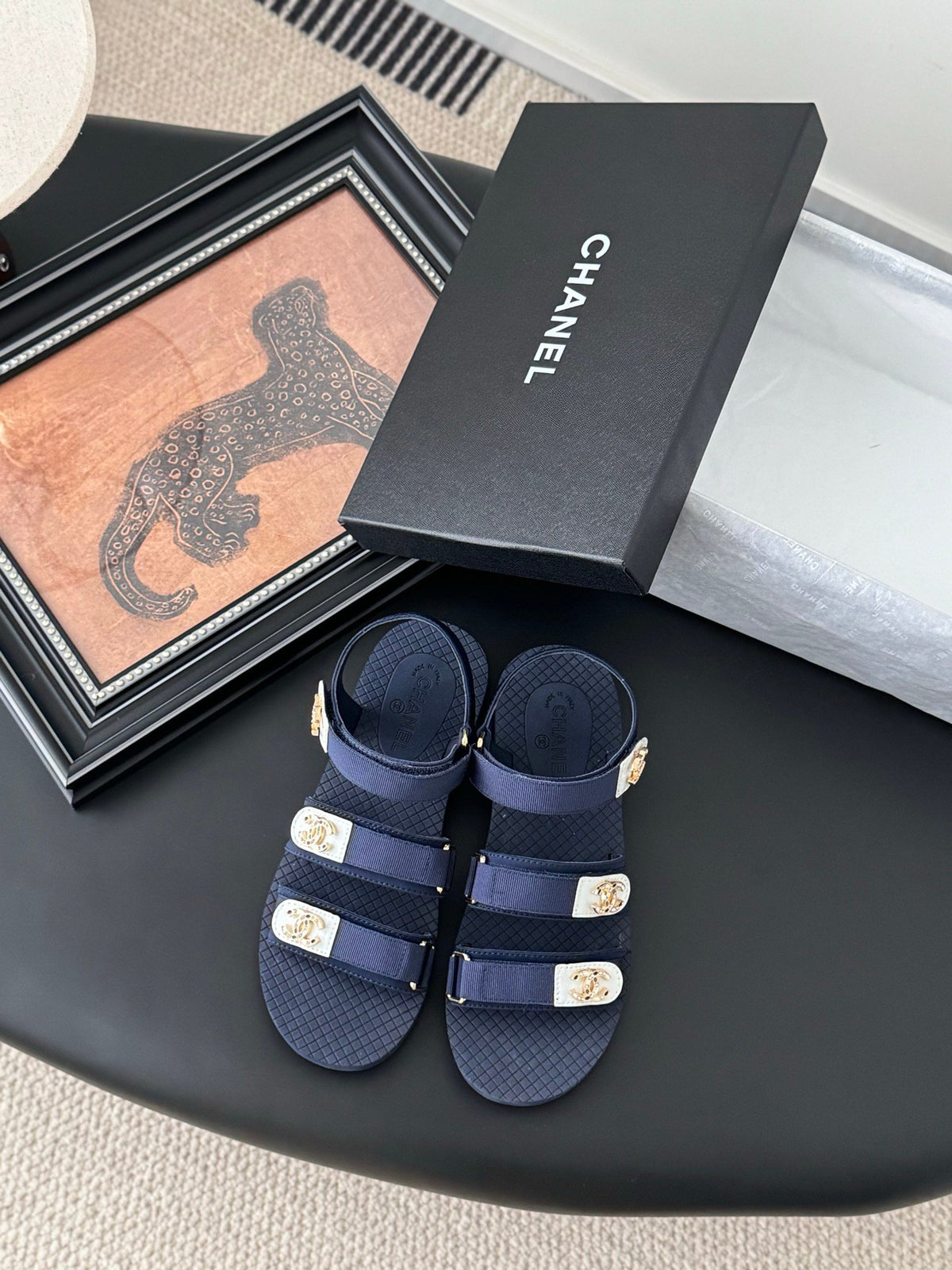 Chanel Women Navy Fabric And Rubber Sandals