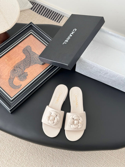 Chanel Women Cream Leather Flower Detail Slides