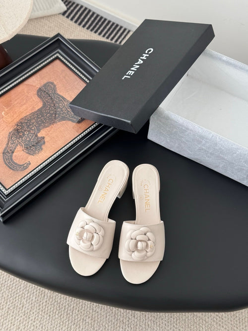 Chanel Women Beige Leather Flower Detail Mules