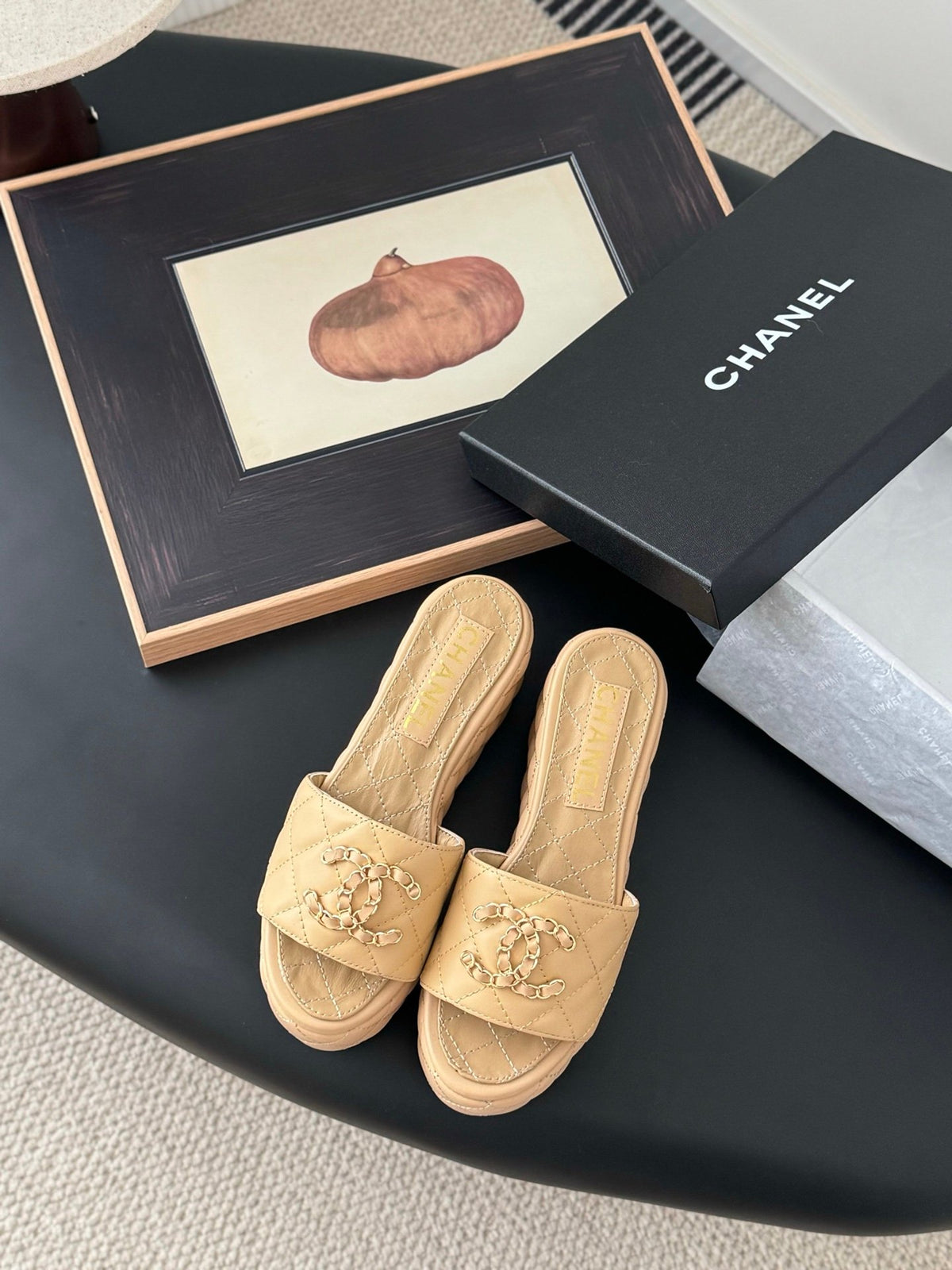 Chanel Women Beige Quilted Leather Slides
