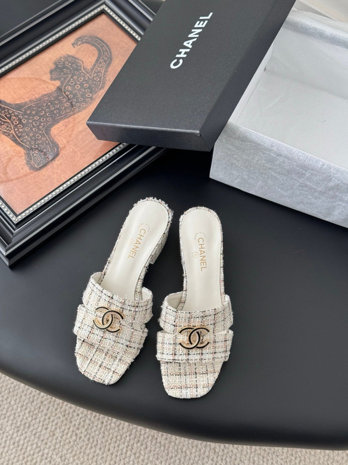 Chanel Women Cream Tweed Slides