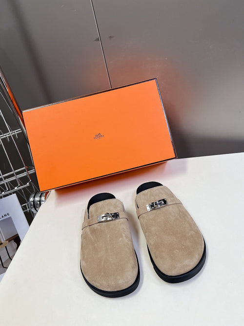 Hermes Women Beige Suede Mules