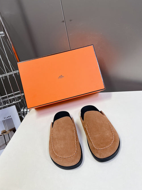 Hermes Women Tan Suede Slippers