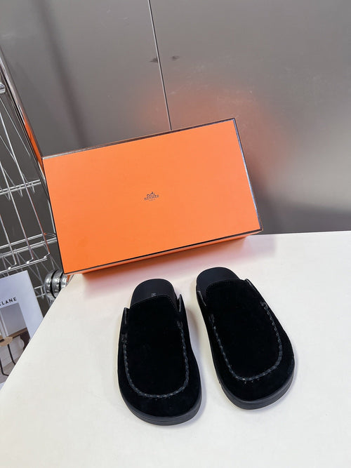 Hermes Women Black Suede Slippers