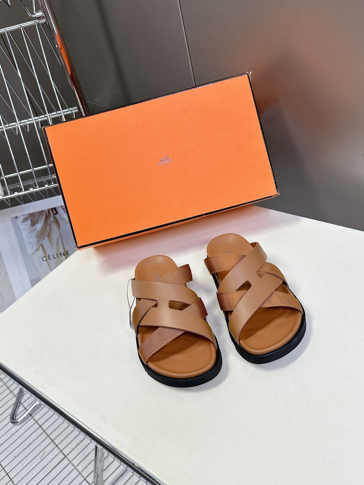 Hermes Women Tan Leather And Fabric Sandals
