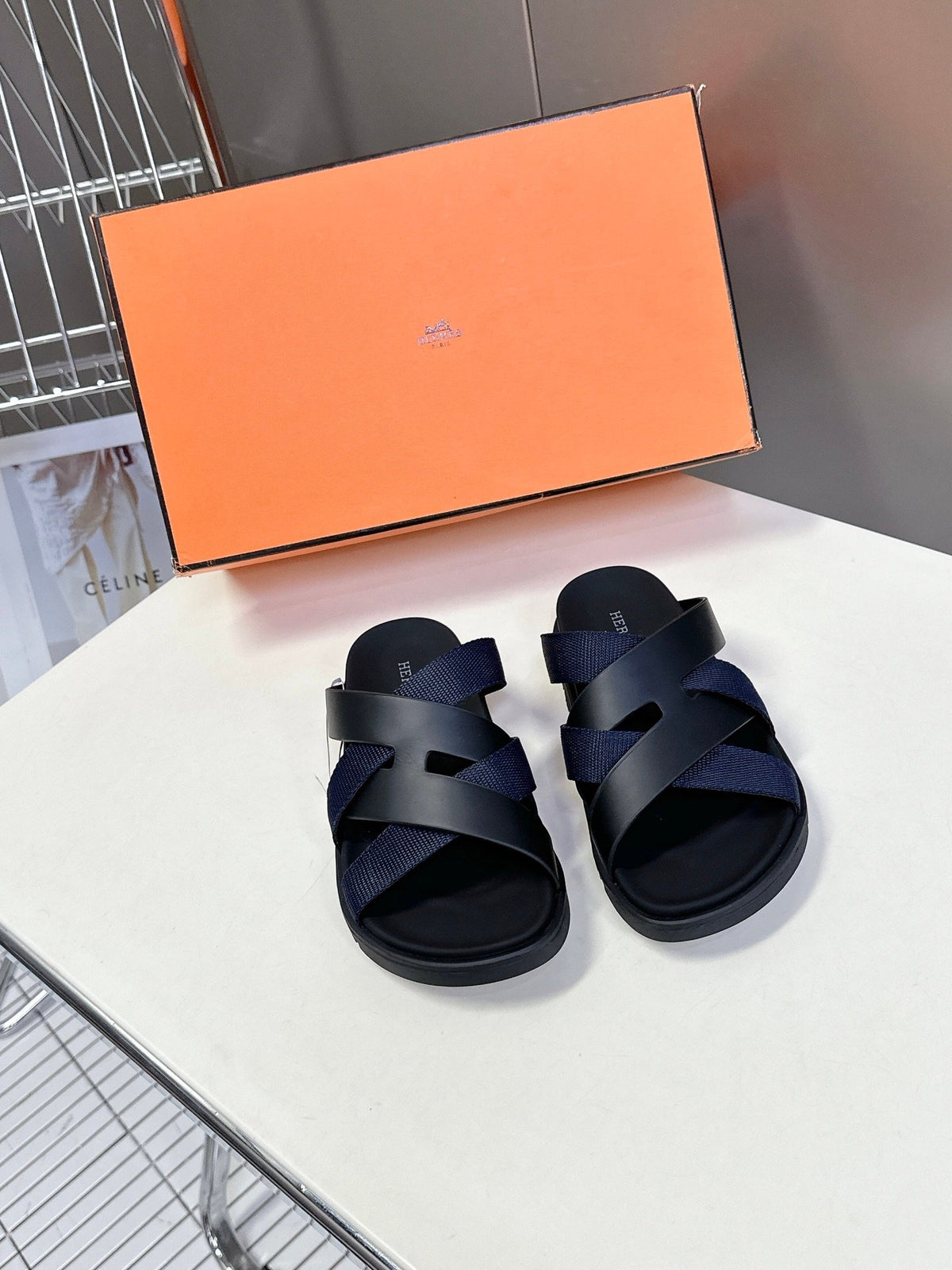 Hermes Women Navy Blue Leather And Fabric Sandals