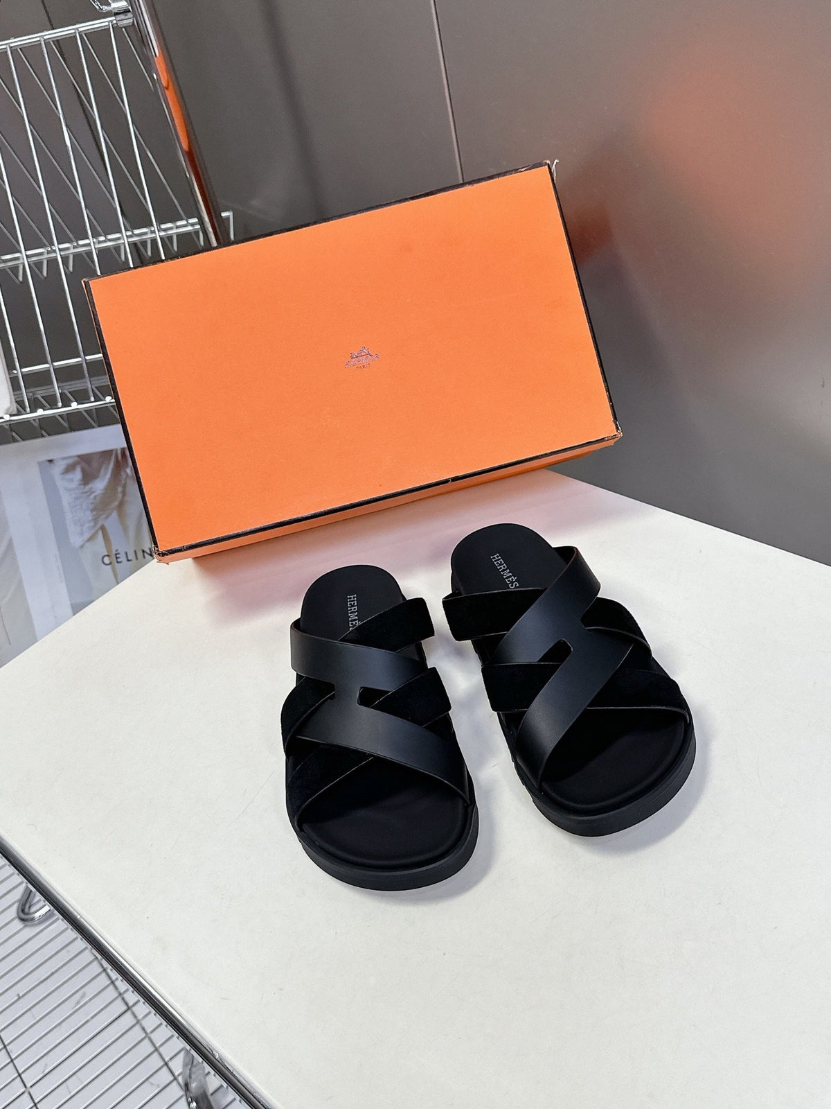 Hermes Women Black Leather Suede Sandals