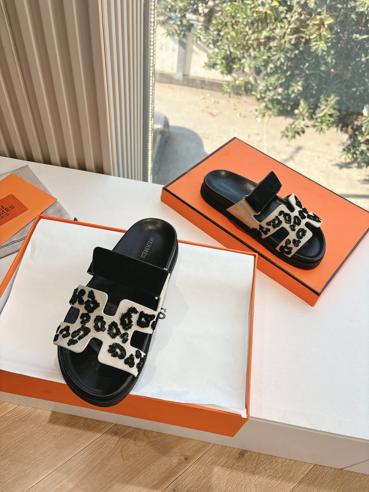 Hermes Women Black Suede And Leopard Print Sandals