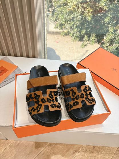 Hermes Women Tan Suede Leopard Print Slippers