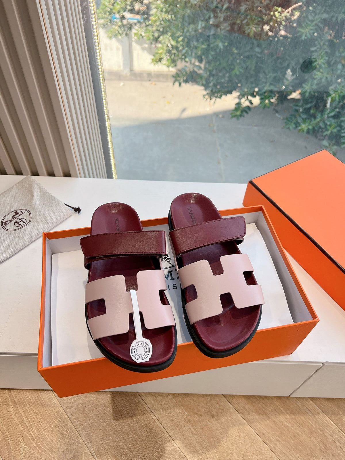 Hermes Women Burgundy Leather Pink Accent Sandals