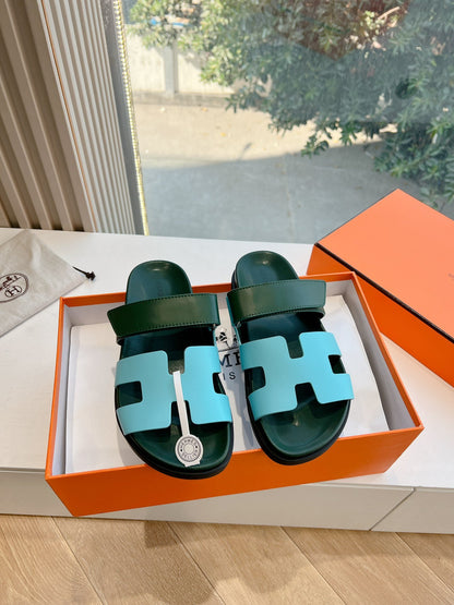 Hermes Women Green Leather Blue Sandals