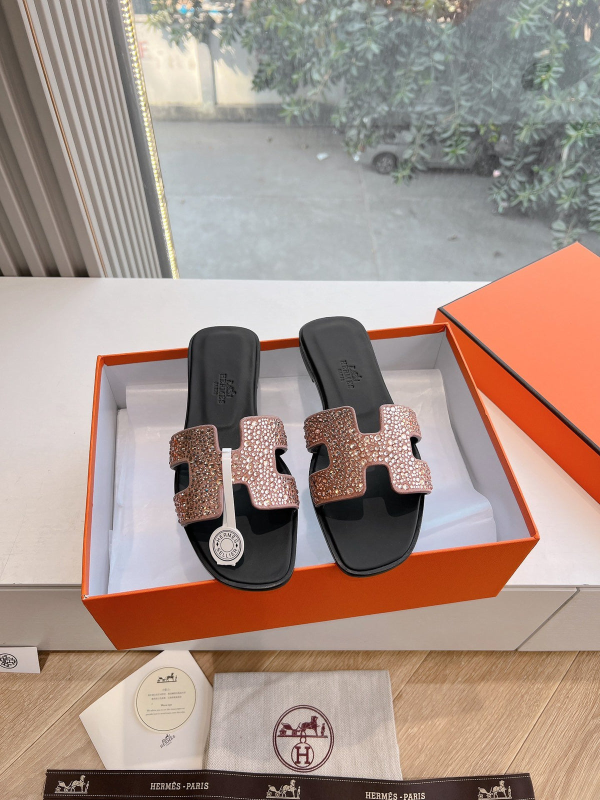 Hermes Women Rose Gold Crystal Leather Sandals