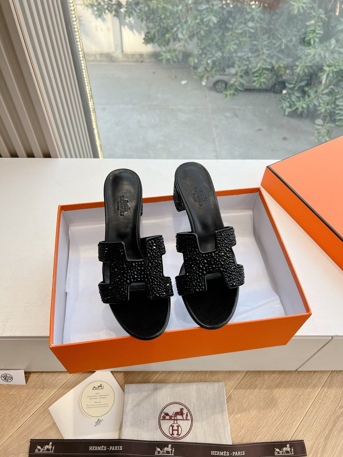 Hermes Women Black Embellished Leather Mules