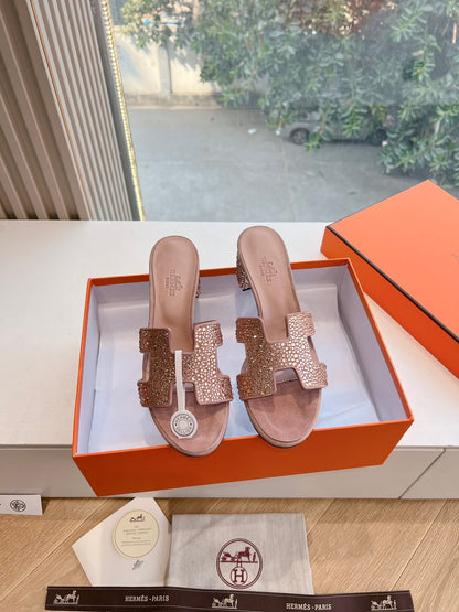 Hermes Women Pink Suede Crystal-Embellished Mules