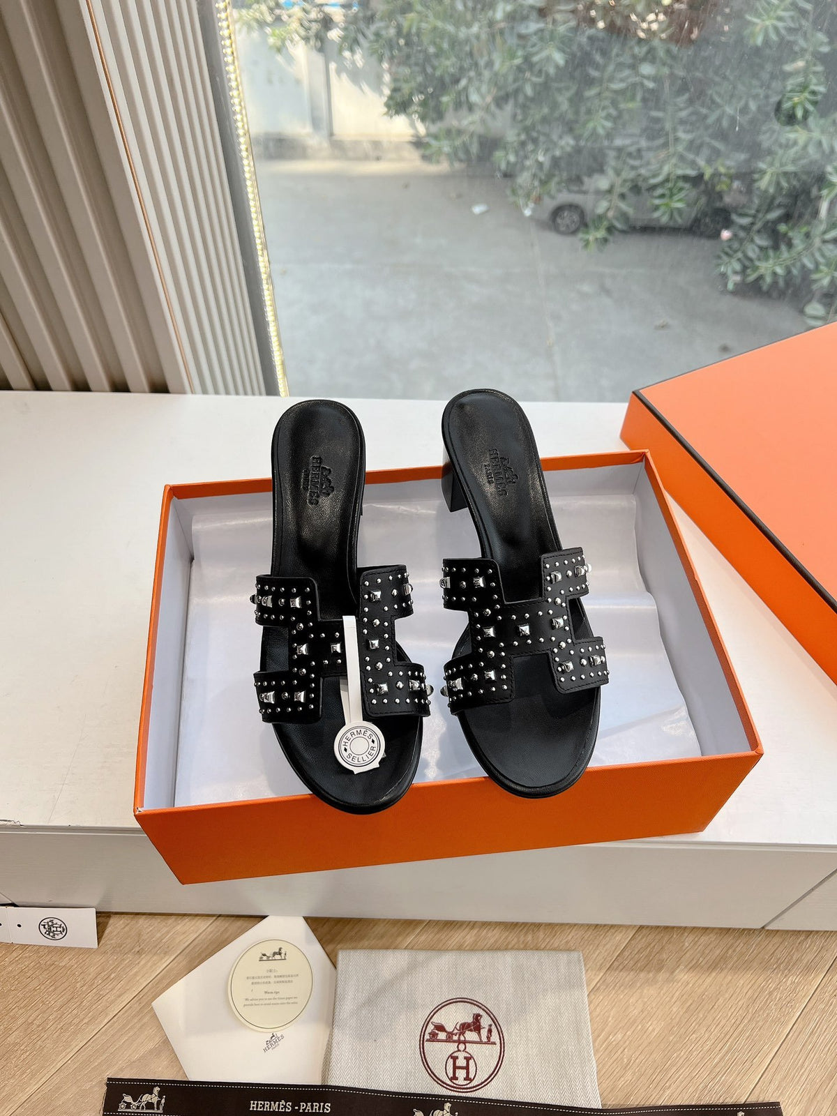 Hermes Women Black Leather Studded Mules