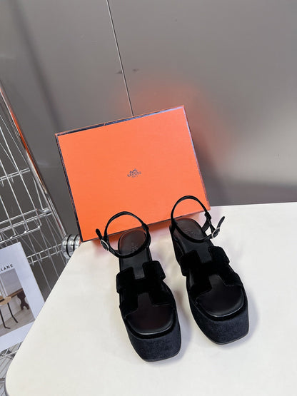 Hermes Women Black Suede Leather Sandals