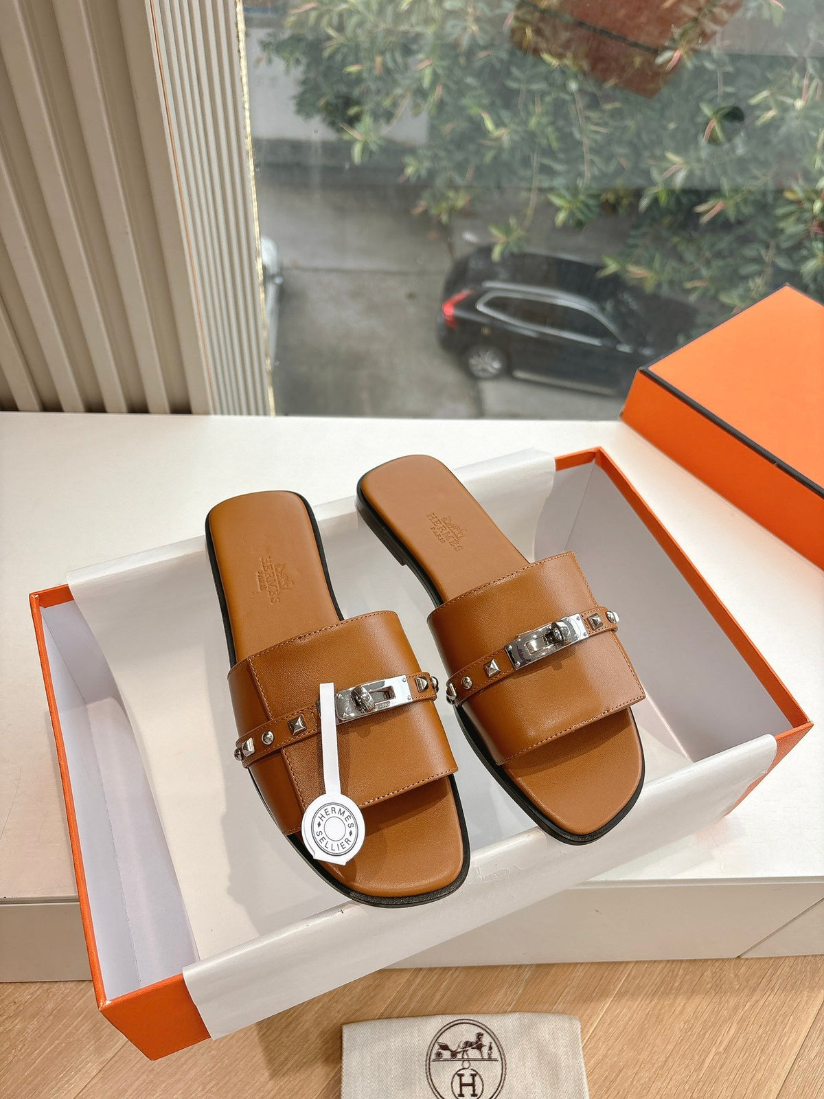 Hermes Women Brown Leather Slide Sandals