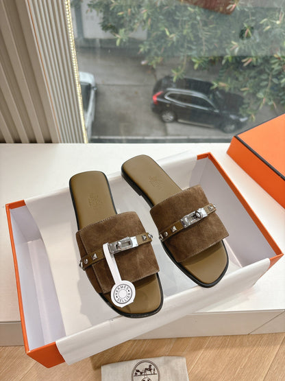 Hermes Women Brown Suede Slide Sandals