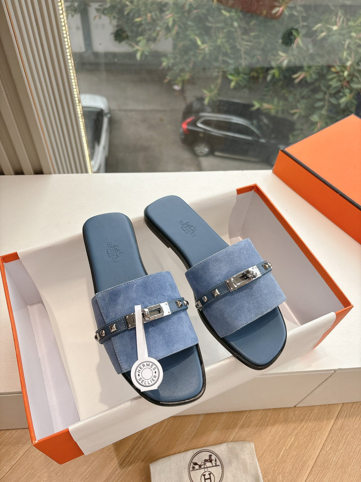 Hermes Women Blue Suede Flat Slide Sandals