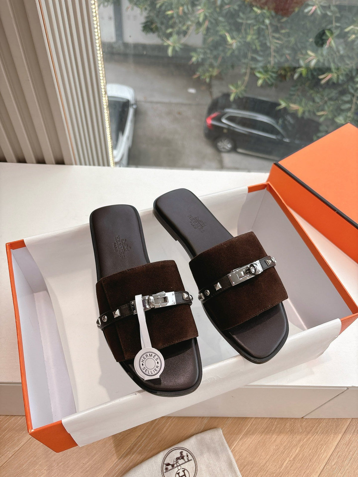 Hermes Women Dark Brown Suede Leather Strap Mules