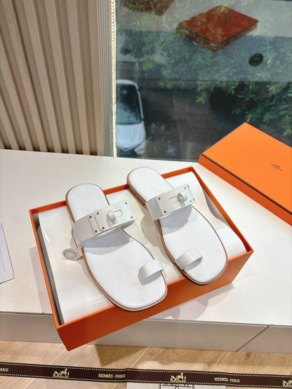 Hermes Women White Leather Flat Sandals