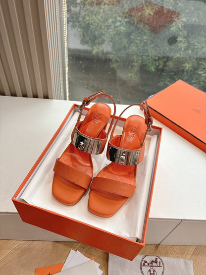 Hermes Women Orange Leather Sandals