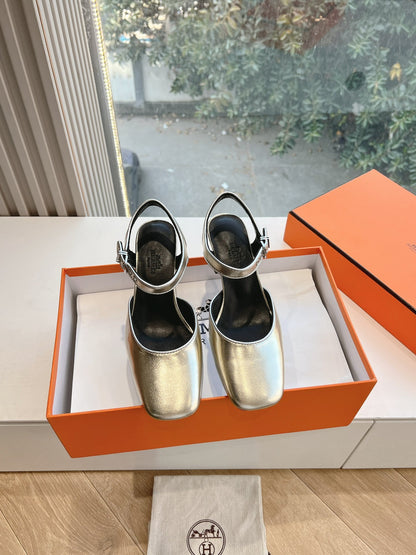 Hermes Women Silver Leather Square Toe Heels