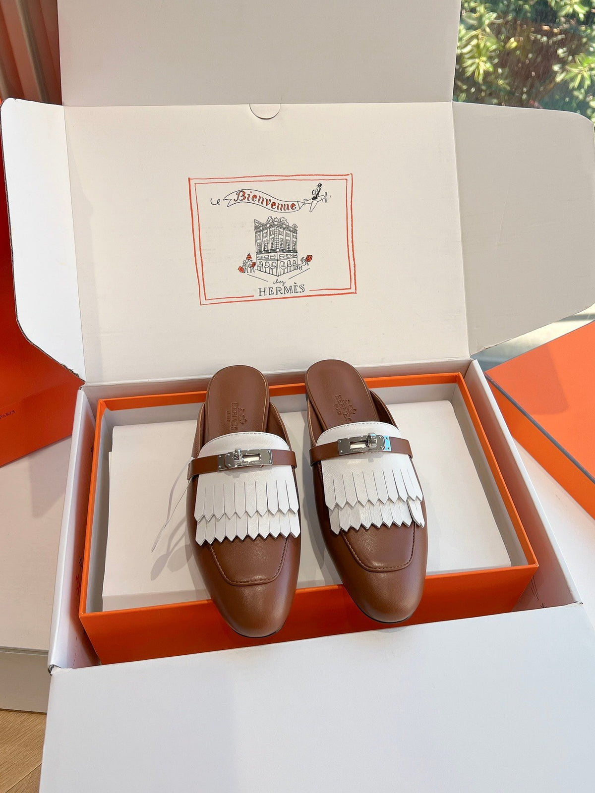 Hermes Women Brown White Leather Fringe Mules